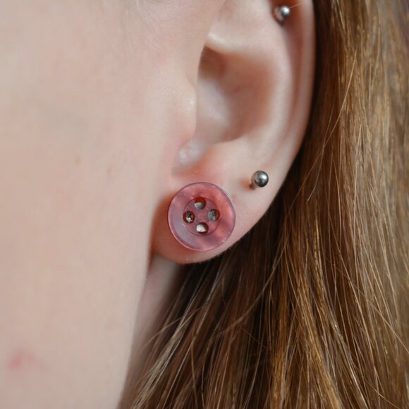 Burgundy Pink Button Stud Earrings - Picture 4 of 6